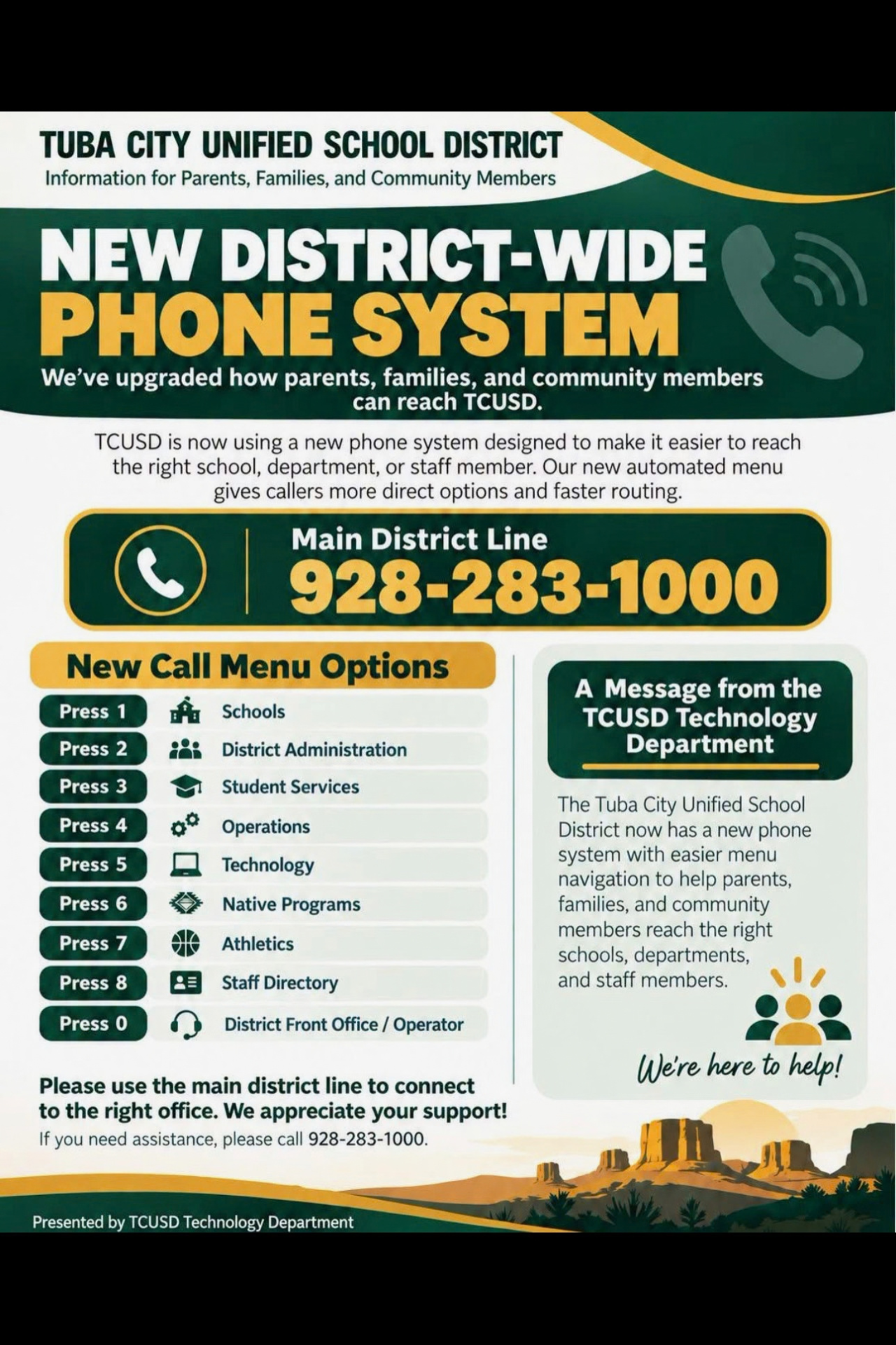 An informational flyer announces a new district-wide phone system for Tuba City Unified School District, listing the main number as 928-283-1000.